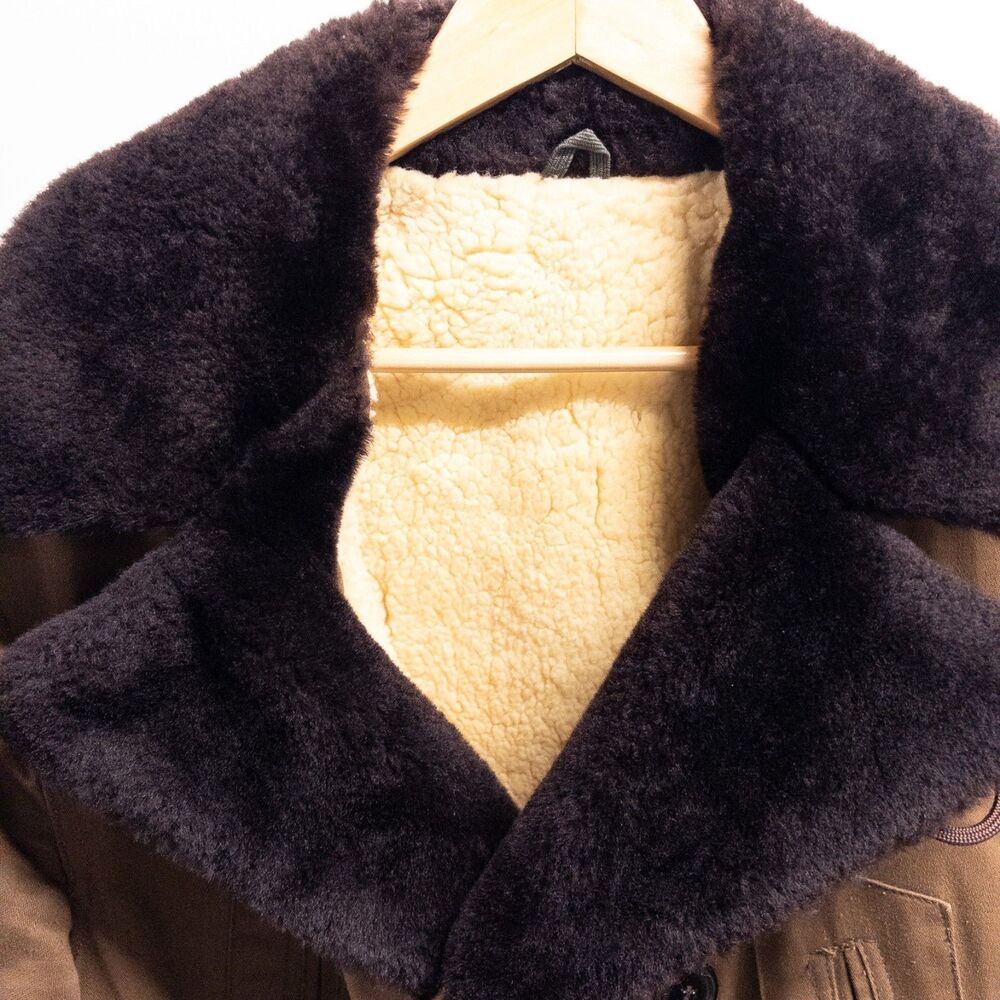 1950s Windward Mouton Collar Mackinaw Coat Belted Canvas Workwear Sheepskin M - Picture 2 of 12